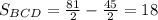 S_{BCD}=\frac{81}{2}-\frac{45}{2}=18