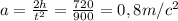 a= \frac{2h}{t^2} = \frac{720}{900} =0,8m/c^2
