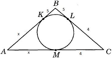 Втреугольник abc вписана окружность, точки касания делят cb на отрезки 4 и 5, считая от вершины c. у