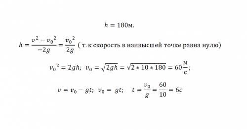 Тело бросили вертикально вверх. высота подъема 180 м. определить время подьема и начальную скорость