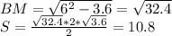 BM=\sqrt{6^2-3.6}=\sqrt{32.4}\\&#10;S=\frac{\sqrt{32.4}*2*\sqrt{3.6}}{2} = 10.8