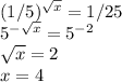 (1/5)^{ \sqrt{x} }=1/25 \\ 5^{- \sqrt{x} }=5^{-2} \\ \sqrt{x}=2 \\ x=4 &#10;