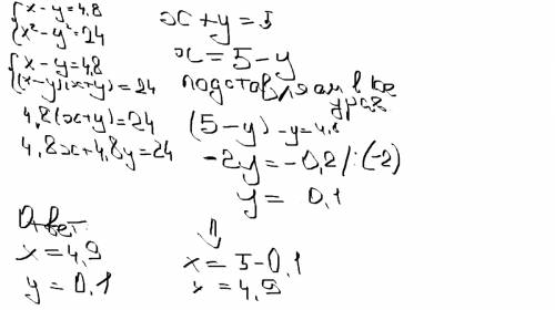 Решите систему уравнений x-y=4,8 и xв квадрате - yв квадрате=24в квадрате
