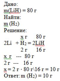 Вычислить массу водорода, необходимую для получения 80 г гидрида лития (lih).