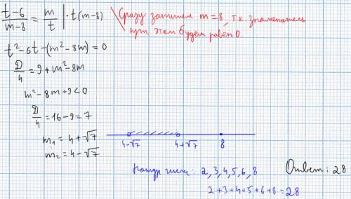 Найдите сумму всех натуральных чисел m таких что уравнение t-6/m-8=m/t не имеет корней
