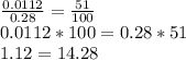 \frac{0.0112}{0.28} = \frac{51}{100} \\ &#10;0.0112*100=0.28*51 \\ &#10;1.12=14.28