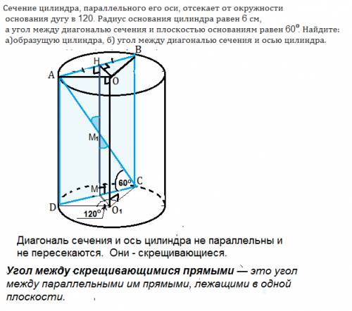 Сечение цилиндра, параллельного его оси, отсекает от окружности основания дугу в 120. радиус основан