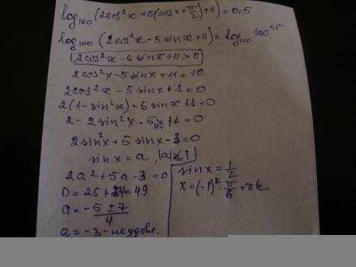 Log 100 (2cos^2x+5cos(x+пи/2)+11)=0,5