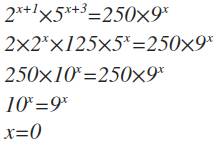 Решите уравнение: 2^(x+1)*5^(x+3)=250*9^x
