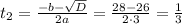 t_2= \frac{-b-\sqrt{D} }{2a} = \frac{28-26}{2\cdot3}= \frac{1}{3}