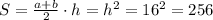 S= \frac{a+b}{2} \cdot h=h^2=16^2=256