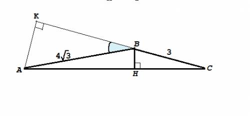 Втреугольнике abc ab=4 корней из 3, bc=3. площадь треугольника равна 3корня из 3. найдем высоту опущ