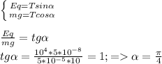 \left \{ {{Eq=Tsin\alpha} \atop {mg=Tcos\alpha}} \right.\\ \\ \frac{Eq}{mg}=tg\alpha \\tg\alpha= \frac{10^{4}*5*10^{-8}}{5*10^{-5}*10}=1; = \alpha = \frac{\pi}{4}