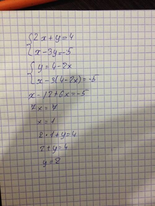 Решить систему уравнений. первая: 2x+y=4 ; х-3y=-5 вторая: 2x-3y=5; 3x+7y=13 третья: 2y-3x=1; 3x+5y=