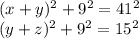(x+y)^2+9^2=41^2\\&#10;(y+z)^2+9^2=15^2\\&#10;\\&#10;