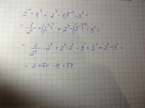 Знайдіть значення виразу: 2^-5*4^3+2^4*(0.5)^-2-3^2