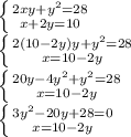 \left \{ {{2xy+y^2=28} \atop {x+2y=10}} \right. \\ \left \{ {{2(10-2y)y+y^2=28} \atop {x=10-2y}} \right. \\ \left \{ {{20y-4y^2+y^2=28} \atop {x=10-2y}} \right. \\ \left \{ {{3y^2-20y+28=0} \atop {x=10-2y}} \right.