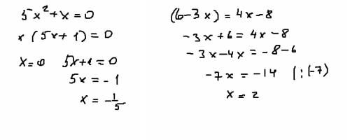Найдите множество корней: а)5x^2+x=0 б) (6-3x)=4x-8 в) 2x^2-10x^2+3x-15=0 )