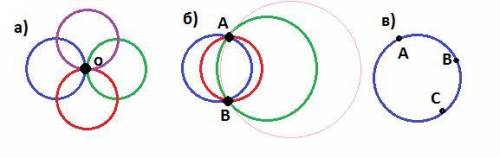 Сколько окружностей можно провести через а) одну точку б) две точки в) три точки, не лежащие на одно