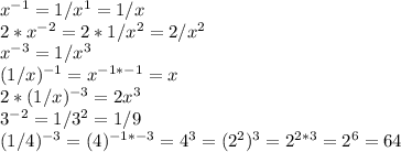 x^{-1}=1/x^1=1/x \\ 2*x^{-2}=2*1/x^2=2/x^2 \\ x^{-3}=1/x^3 \\ (1/x)^{-1}=x^{-1*-1}=x \\ 2*(1/x)^{-3}=2x^3 \\ &#10;3^{-2}=1/3^2=1/9 \\ (1/4)^{-3}=(4)^{-1*-3}=4^3=(2^2)^3=2^{2*3}=2^6=64