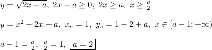 y = \sqrt{2x - a}, \ 2x - a \geq 0, \ 2x \geq a, \ x \geq \frac{a}{2}\\\\&#10;y = x^2 - 2x + a, \ x_v = 1, \ y_v = 1 - 2 + a, \ x \in [a - 1; +\infty)\\\\&#10;a - 1 = \frac{a}{2}, \ \frac{a}{2} = 1, \ \boxed{a = 2}&#10;