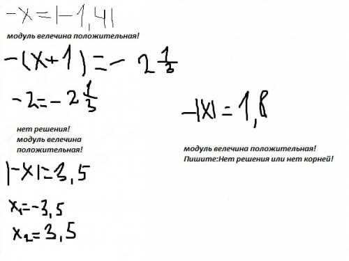 Решить уравнения: а)-х= |-1,4| +1)=-2 1/3 в) |-х |=3,5 г)- | х |=1,8