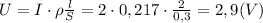 U=I\cdot \rho \frac {l}{S}=2\cdot 0,217\cdot \frac {2}{0,3}=2,9 (V)