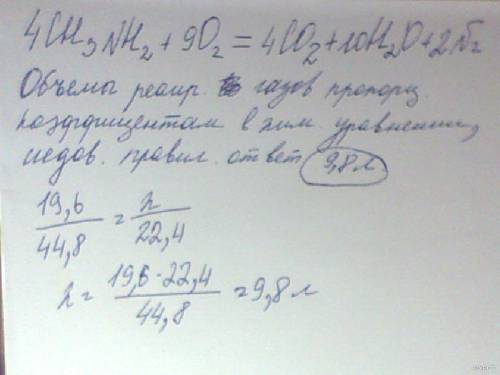 При сгорании 19,6 метиламина образуется азот объемом (л.,н.у) а) 10,2 б) 9,8 в)10 г) 9,6