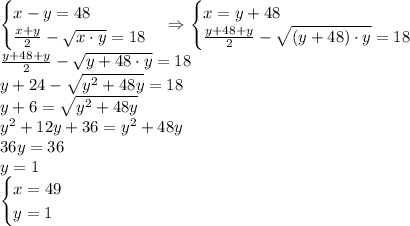 \begin{cases}x-y=48\\\frac{x+y}2-\sqrt{x\cdot y}=18\end{cases}\Rightarrow\begin{cases}x=y+48\\\frac{y+48+y}2-\sqrt{(y+48)\cdot y}=18\end{cases}\\&#10;\frac{y+48+y}2-\sqrt{y+48\cdot y}=18\\&#10;y+24-\sqrt{y^2+48y}=18\\y+6=\sqrt{y^2+48y}\\y^2+12y+36=y^2+48y\\36y=36\\y=1\\\begin{cases}x=49\\y=1\end{cases}