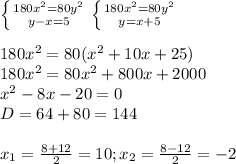 \left \{ {{180x^2=80y^2} \atop {y-x=5}} \right. \left \{ {{180x^2=80y^2} \atop {y=x+5}} \right.\\ \\180x^2=80(x^2+10x+25)\\180x^2=80x^2+800x+2000\\x^2-8x-20=0\\D=64+80=144\\\\x_1= \frac{8+12}{2}=10; x_2= \frac{8-12}{2}=-2