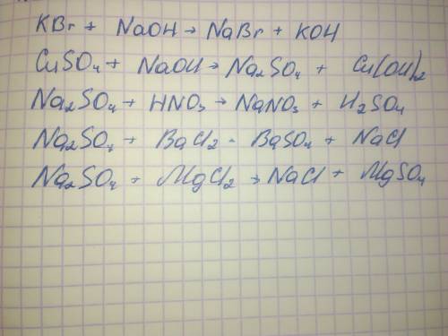 Kbr+naoh=? cuso4+naoh=? na2so4+hno3=? na2so3+hno3=? na2so4+bacl2=? na2sо4+mgcl2=? чи буде відбуватис