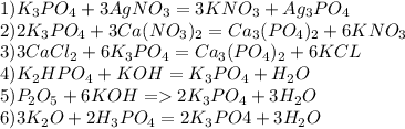 1) K_3PO_4 + 3AgNO_3 = 3KNO_3 + Ag_3PO_4 \\ 2) 2K_3PO_4 + 3Ca(NO_3)_2 = Ca_3(PO_4)_2 + 6KNO_3 \\ 3)3CaCl_2+6K_3PO_4=Ca_3(PO_4)_2+6KCL \\ 4)K_2HPO_4+KOH=K_3PO_4+H_2O \\ 5)P_2O_5 + 6KOH = 2K_3PO_4 + 3H_2O \\ 6)3K_2O + 2H_3PO_4 = 2K_3PO4 + 3H_2O