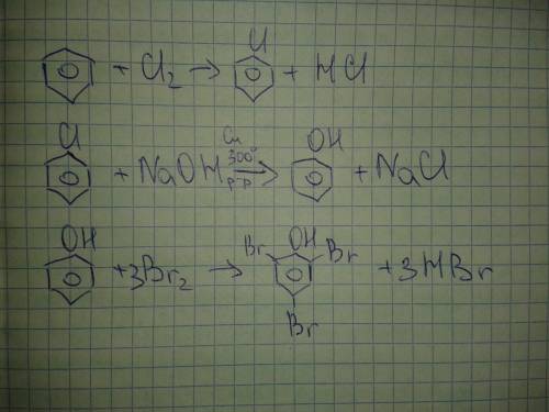 Осуществите цепочку превращений бензол→хлорбензол→фенол→ 2. 4 . 6 трибромфенол.