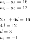 a_{3}+a_{5}=16\\&#10;a_{6}-a_{2}=12\\\\&#10;2a_{1}+6d=16\\&#10;4d=12\\&#10;d=3\\&#10;a_{1}=-1