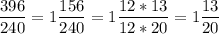 \displaystyle\frac{396}{240}=1\frac{156}{240}=1\frac{12*13}{12*20}=1\frac{13}{20}