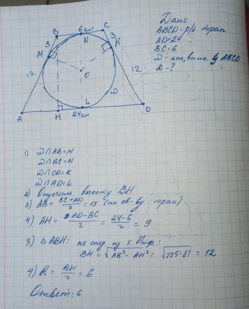 Урівнобічну трапецію з основами 24 см та 6 см вписане коло. знайдіть радіус цього кола