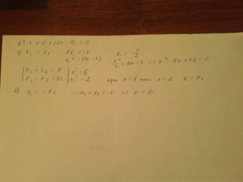 Найти все значения r, при которых уравнение х²+rx+2r - 3=0 имеет : 1)равные корни; 2) действительные