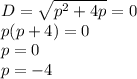 D=\sqrt{p^2+4p}=0\\&#10;p(p+4)=0\\&#10;p=0\\p=-4