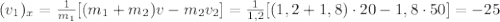 (v_1)_x=\frac {1}{m_1} [(m_1+m_2)v-m_2v_2]=\frac {1}{1,2}{[(1,2+1,8)\cdot 20-1,8\cdot 50]}=-25