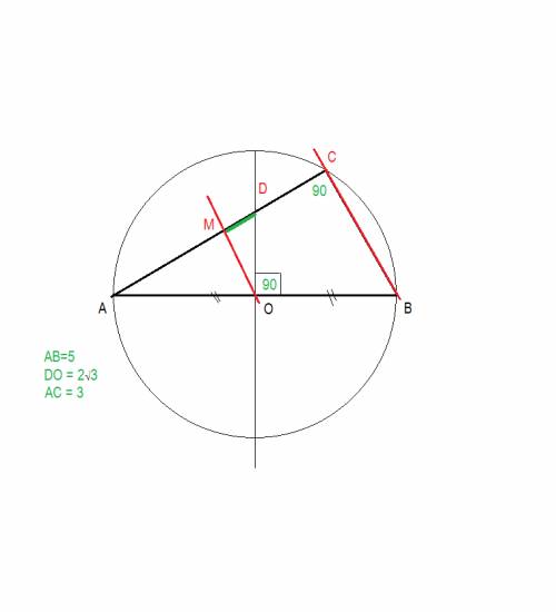 Дано: авс, угол acb =90°, о – центр описанной окружности, ам = мc, od перпендикуляр (abc), ав = 5, а