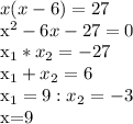 x(x-6)=27&#10;&#10; x^{2}-6x-27=0&#10;&#10; x_{1} * x_{2}=-27&#10;&#10; x_{1} + x_{2}=6&#10;&#10; x_{1}=9: x_{2}=-3&#10;&#10; x=9