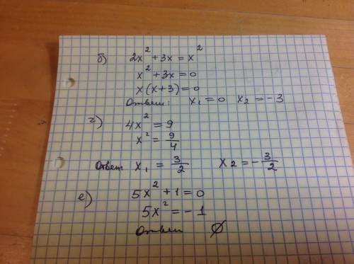 Решите уравнения: б) 2x²+3x=x² г) 4x²=9 e) 5x²+1=0