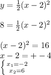 y= \frac{1}{2} (x-2)^2 \\ \\ 8=\frac{1}{2} (x-2)^2 \\ \\ (x-2)^2=16 \\ x-2=+-4 \\ \left \{ {{x_1=-2} \atop {x_2=6}} \right.