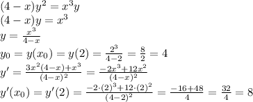 (4-x)y^2=x^3y \\(4-x)y=x^3\\y=\frac{x^3}{4-x}\\y_0=y(x_0)=y(2)=\frac{2^3}{4-2}=\frac82=4\\y'=\frac{3x^2(4-x)+x^3}{(4-x)^2}=\frac{-2x^3+12x^2}{(4-x)^2}\\y'(x_0)=y'(2)=\frac{-2\cdot(2)^3+12\cdot(2)^2}{(4-2)^2}=\frac{-16+48}4=\frac{32}4=8