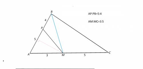 Прямая пересекает стороны ab и ac треугольника abc в точках p и m соответственно. найдите отношение