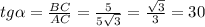 tg \alpha = \frac{BC}{AC} = \frac{5}{5 \sqrt{3} } = \frac{ \sqrt{3} }{3}=30