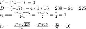 t^2 - 17t + 16 = 0\\D =(-17)^2-4*1*16=289-64=225\\t_1==\frac{17-\sqrt{225}}{2*1}=\frac{17-15}{2}=\frac{2}{2}=1\\\\t_2==\frac{17+\sqrt{225}}{2*1}=\frac{17+15}{2}=\frac{32}{2}=16