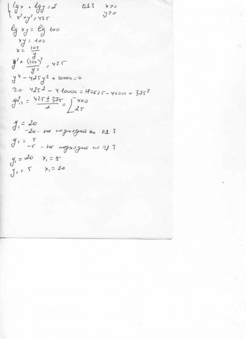 Решить систему , надо lgx+lgy=2 { x²+y²=425