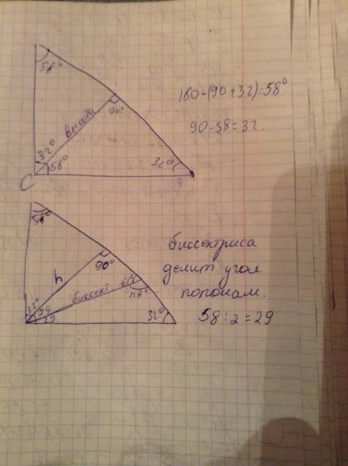 Острые углы прямоугольного треугольника равны 58градусов и 32 градуса.найти угол между высотой и бис