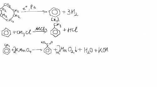 Циклогексан(pt; t)-> x1-> толуол(kmno4 водн.р-р)-> c6h5cook-> x1(hno3; h2so4; t)-> x2